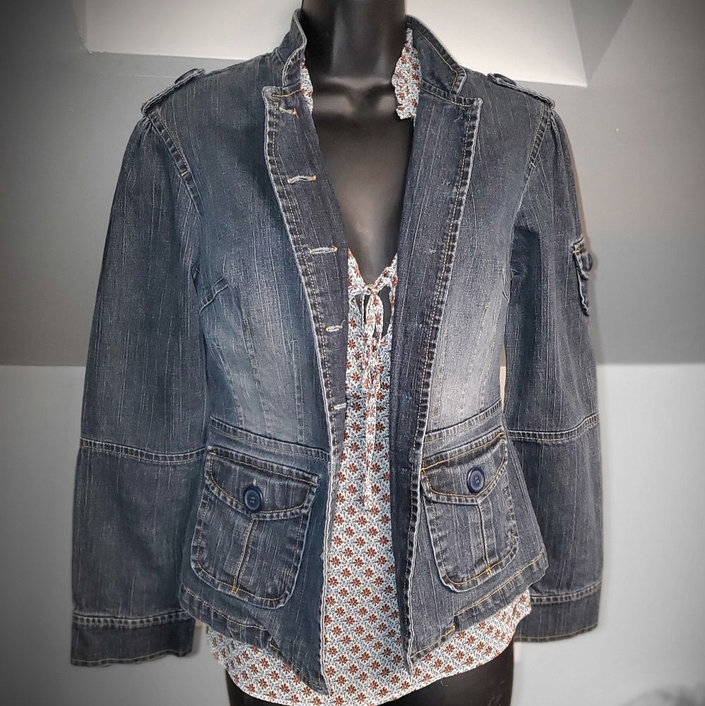 No Boundaries Dark Denim Jean Jacket with Button Flap Pockets